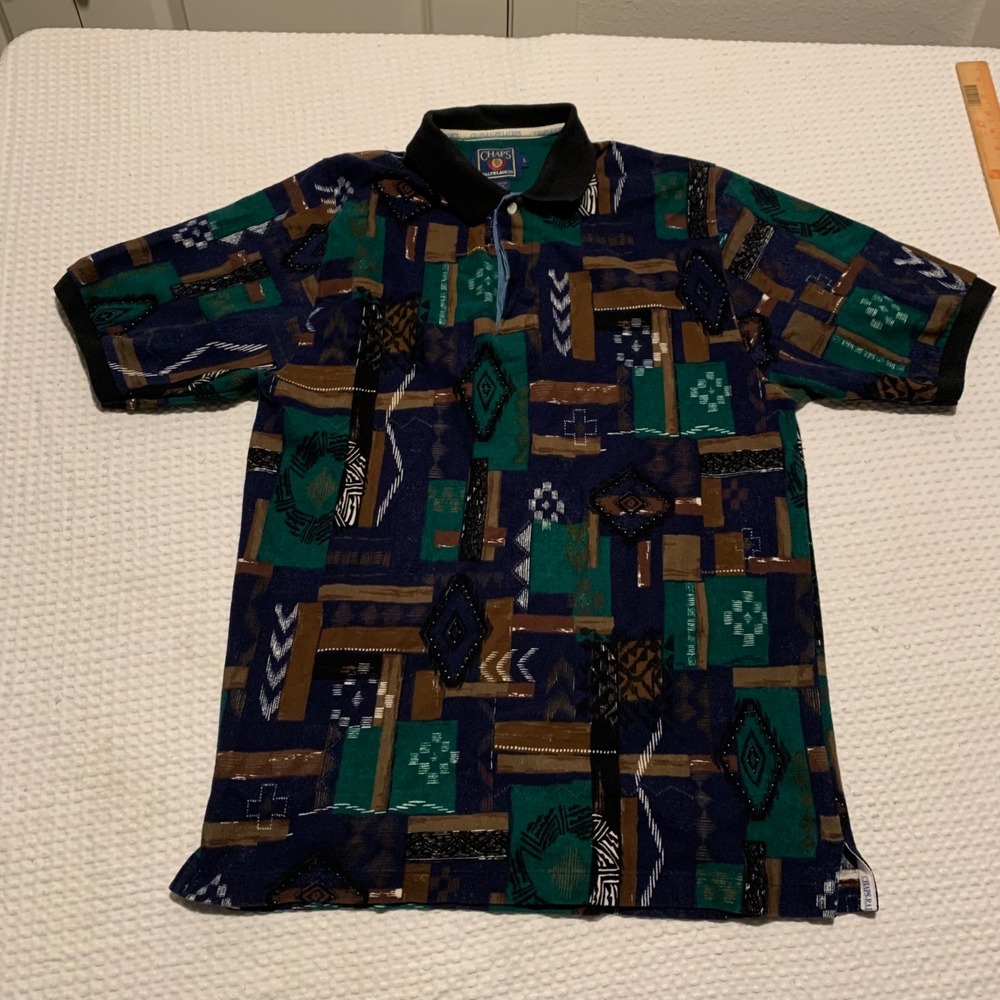 Vintage Chaps Ralph Lauren Men Abstract Geometric Tribal Polo Shirt Navy Large